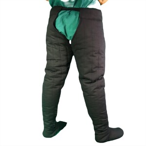 Back view of black quilted medieval leg protection revealing the open-back design and fabric texture.
