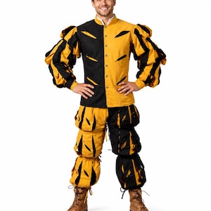May include: A two-toned yellow and black Renaissance costume. The outfit includes a button-down shirt with puffed sleeves, matching pants, and brown boots. The costume is split vertically, with one side yellow and the other black.