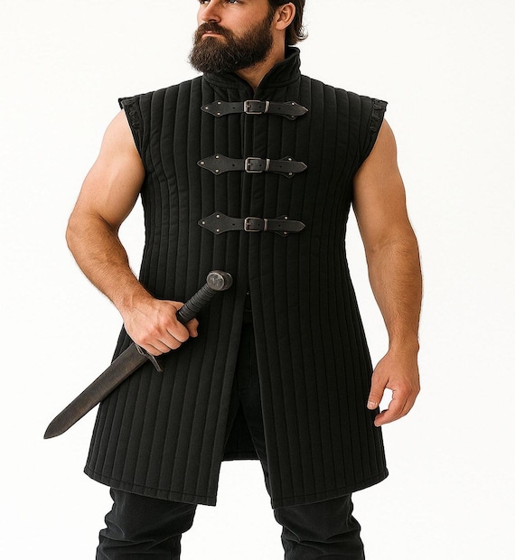 Black Gambeson, Medieval Costume, Renaissance LARP & Cosplay Armor, Thick Padded Coat for Reenactments