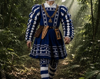 Renaissance Cotton  Dress, Medieval Fair Doublet Costume LandsknechtKleid with Pants, Customized Waffenrock for men