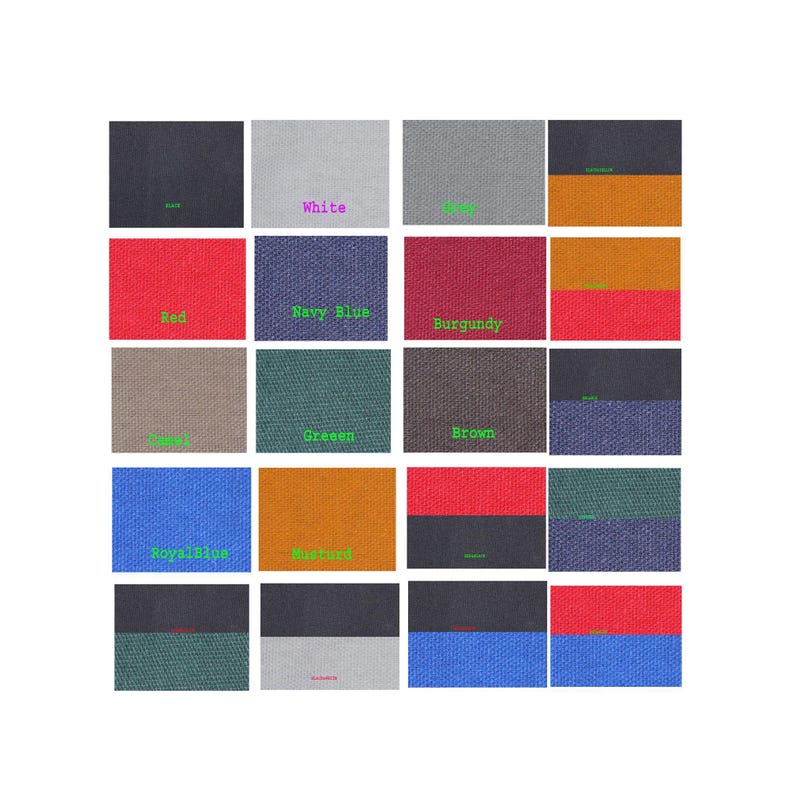 Color swatch chart displaying twenty-four different fabric color options and combinations labeled with text.