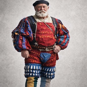 May include: A person in a vibrant Renaissance costume. The outfit includes a black beret, a red and blue patterned top with puffed sleeves, and matching trousers. The costume features a red bodice and blue accents.
