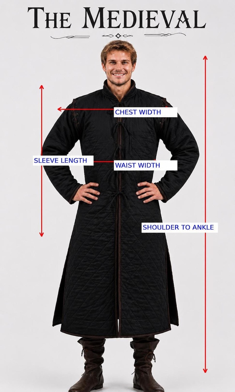 A diagram over the black gambeson coat showing measurement lines and labels for chest width, waist width, sleeve length, and shoulder to ankle.