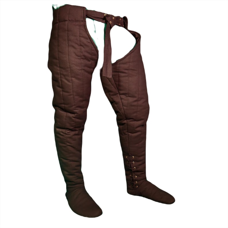 Front view of dark brown quilted medieval leg wrappings featuring an adjustable waist belt and foot coverings.