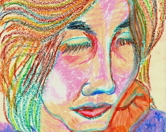 Ölpastelle Porträt der Frau Original-Kunstwerk A4-Größe-(kein Druck)