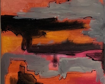 Rustikale abstrakte Malerei in Schwarz, Rot, Orange, Grau und Gelb, Original Kunst, Abstrakte Malerei, Original Abstrakte Malerei, Rustikale Kunst