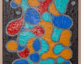 Schwarze, rote, graue, gelbe, blaue und aquablaue abstrakte Kunst, Originalkunst, 16 x 20 Zoll, abstrakte Kunst, ungerahmt