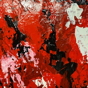 K&ouml;nnte beinhalten: Abstraktes Gem&auml;lde mit kr&auml;ftigen Strichen in Rot, Schwarz und Wei&szlig;. Die Farben sind leuchtend und die Textur ist dick und impasto.