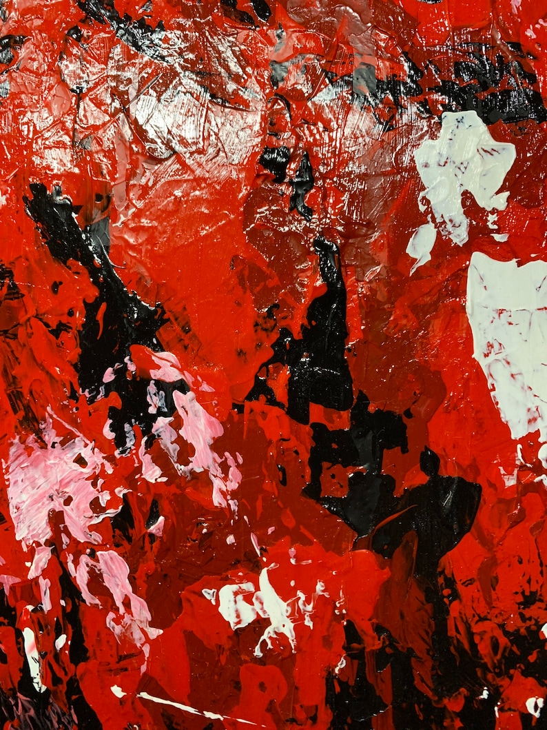 K&ouml;nnte beinhalten: Abstraktes Gem&auml;lde mit kr&auml;ftigen Strichen in Rot, Schwarz und Wei&szlig;. Die Farben sind leuchtend und die Textur ist dick und impasto.