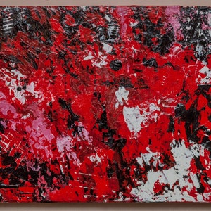 K&ouml;nnte beinhalten: Abstraktes Gem&auml;lde mit kr&auml;ftigen Strichen in Rot, Schwarz und Wei&szlig;. Die Farben sind leuchtend und die Textur ist dick und impasto.