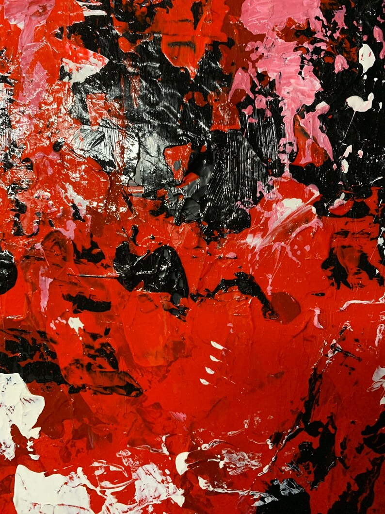 K&ouml;nnte beinhalten: Abstraktes Gem&auml;lde mit kr&auml;ftigen Strichen in Rot, Schwarz und Wei&szlig;. Die Farben sind leuchtend und die Textur ist dick und strukturiert.