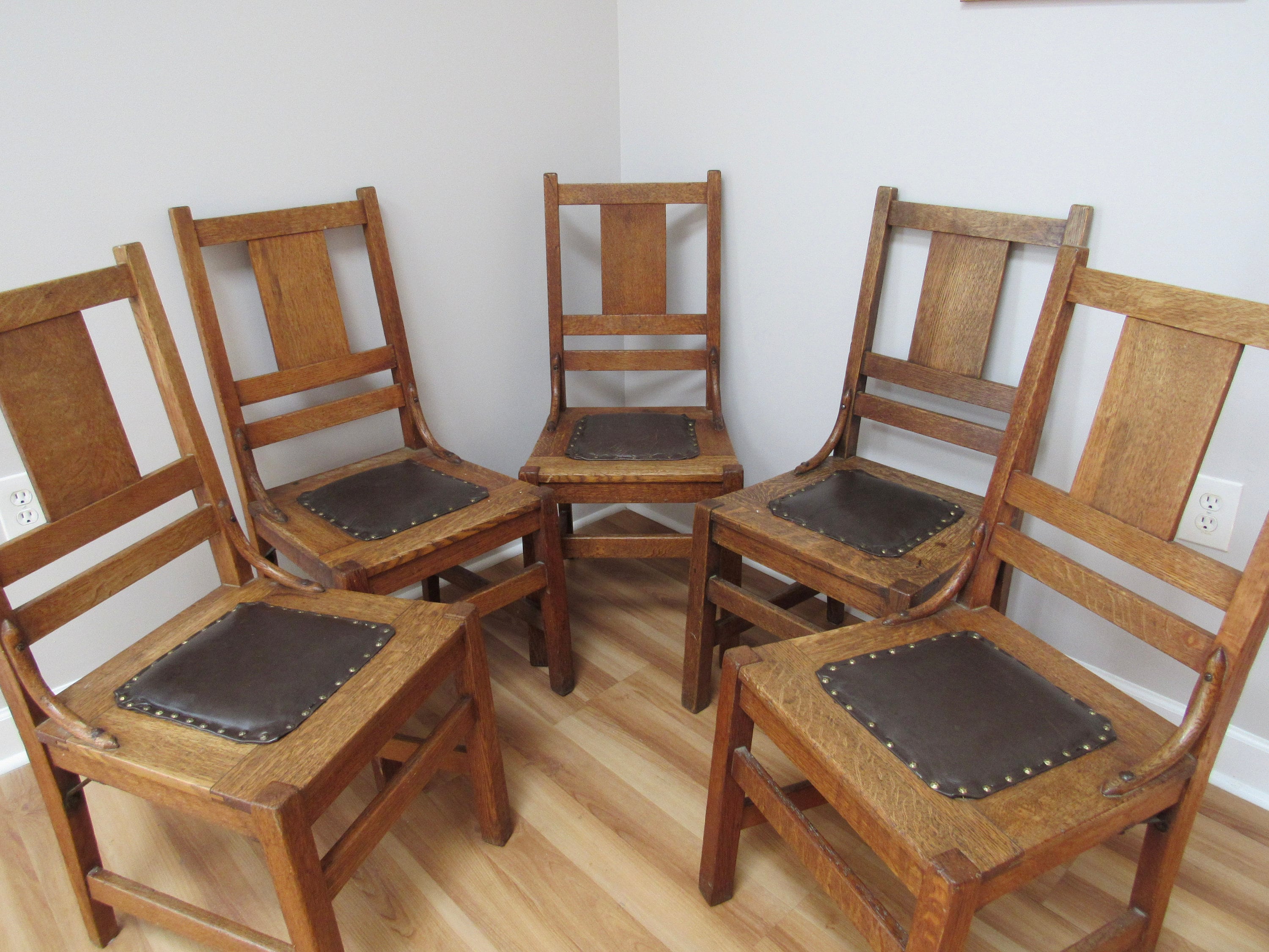 Set Of 5 Mission Oak Leather Dining Room Chairs Etsy