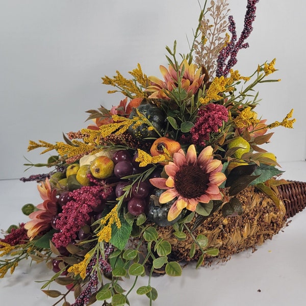 Fall Cornucopia with Fall Fruit and Berries, Thanksgiving Decor for Table, Colorful Rustic Kitchen Decor, Housewarming Gift