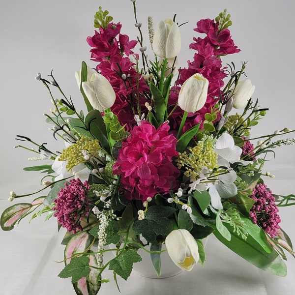 Elegant Spring Centerpiece,  White Tulips and Magenta Delphiniums arranged