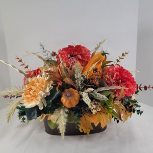 Vibrant 20-inch Autumn Centerpiece: Dahlias, Mums, Colorful Leaves for Thanksgiving Table Decor