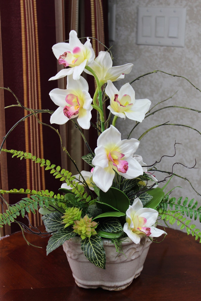 Silk Orchid Arrangement Cynbidium Orchid Centerpiece Unique Etsy