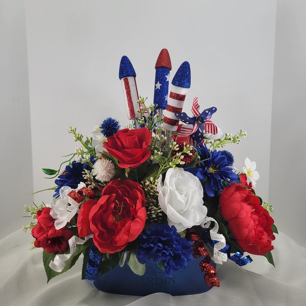 Patriotic Summer Centerpiece, Red, White, & Blue Floral Arrangement, Silk Flowers for Independence Day