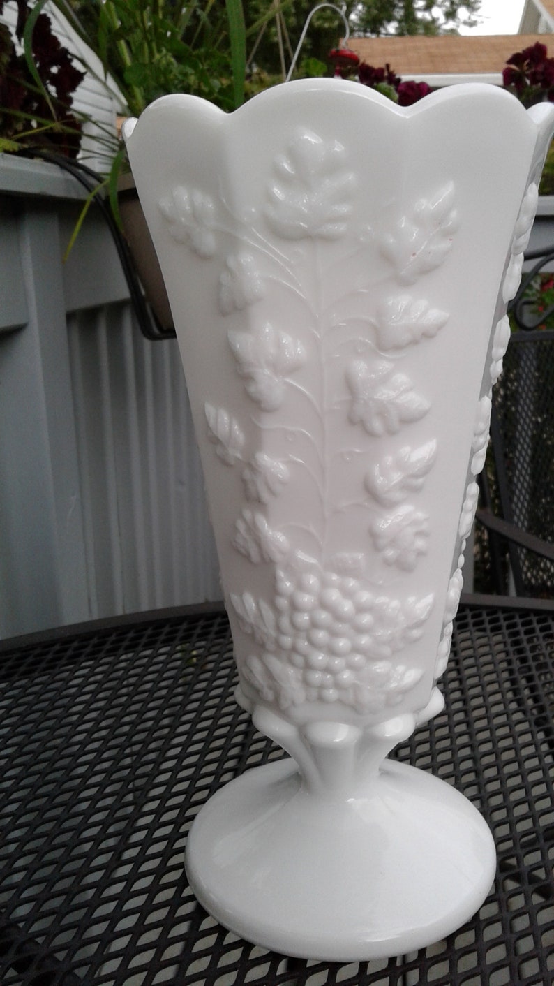 Milk Glass Westmoreland Vase Paneled Grape and Leaves Etsy