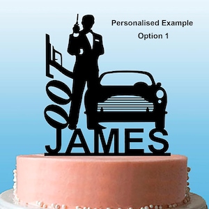 Décoration de gâteau personnalisée agent secret 007, espion et voiture