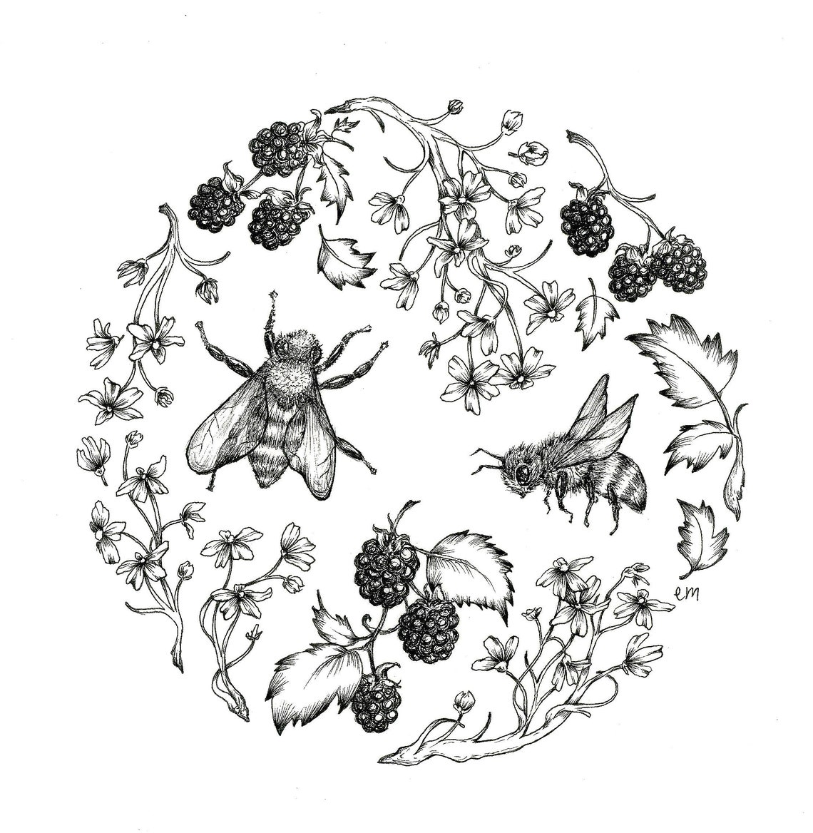 Bees and Berries Illustration Print. Wall art whimsical art Etsy