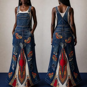 Ankara Full-length Maxi Dress, Jean Overalls Afropunk Gown, UPCYCLED Denim Boho African Print Handmade Piece
