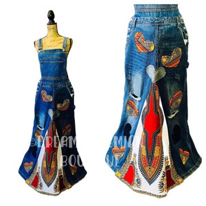 Full length Dress Ankara Maxi Dress Jean Floor length Overalls Dress UPCYCLED Denim Overalls Boho Jean Dress African Print Maxi Dress Etsy