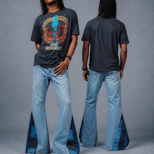Men's Patchwork Flare Bellbottoms Jeans, Blue Denim Pants 70s Hippie Style, Streetwear, Women's Sizes Available
