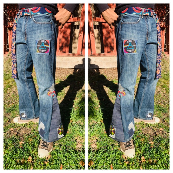 Boho Bellbottom Jeans, UNISEX Jeans, Men's Bellbottom Jeans, Vintage Patches Hippie Denim Bellbottoms, Bell Bottom Jeans, Streetwear Jeans