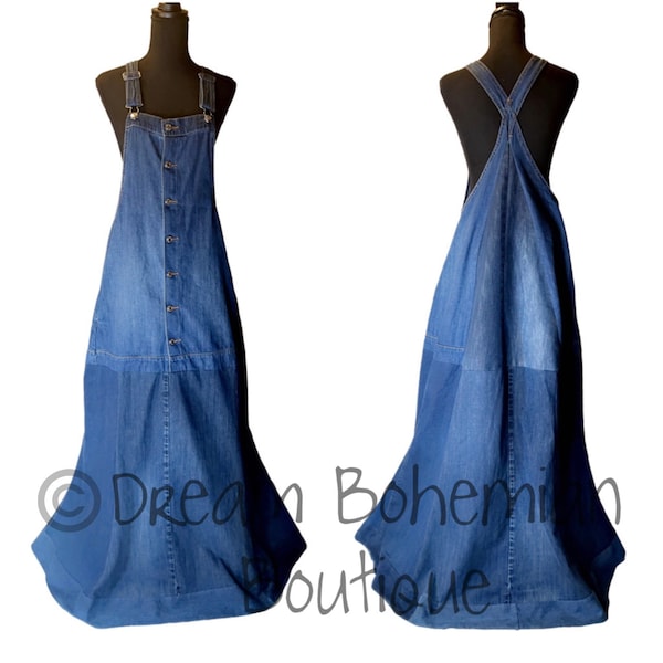 Robe longue en jean salopette, robe salopette longue en jean bleu bohème, robe salopette en jean recyclée, robe en jean patchwork, robe faite main