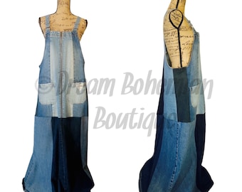 Maxi Denim Dress, Jean Floor-length Overalls Dress, UPCYCLED Denim Overalls Dress, Boho Jean Dress Zipper Front, Handmade Jean Dress,