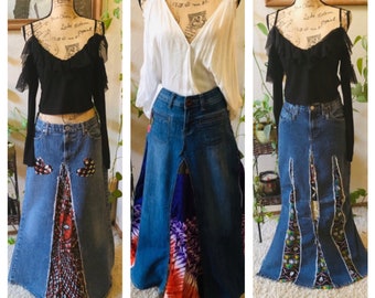 Afropunk Jean Skirt, Customized Jean Skirt, Upcycled Boho Jean Skirt, Ankara Skirt, African Floor Length Jean Skirt, Maxi Jean Custom Skirt