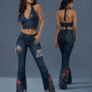 Bellbottom Embroidered Jeans, Women's Jeans, Boho  Pants,  Hippie 70s Style, Streetwear, Clearance, Last Pair FINAL Sale