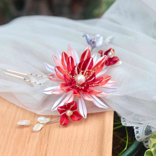 ON SALE! Chinese hair sticksilk epiphyllum oxypetalum blossom hair fork＊wedding bun pin＊bridal hair shops jewelry＊handmade natural silk hair stick
