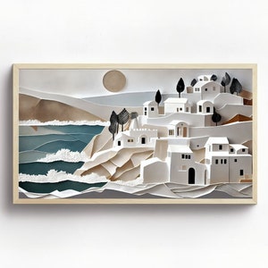 Arte de pared para TV Samsung con marco de estilo mediterráneo de pueblo blanco, decoración de pared para TV Samsung, arte minimalista, decoración de pared para TV Samsung 4K