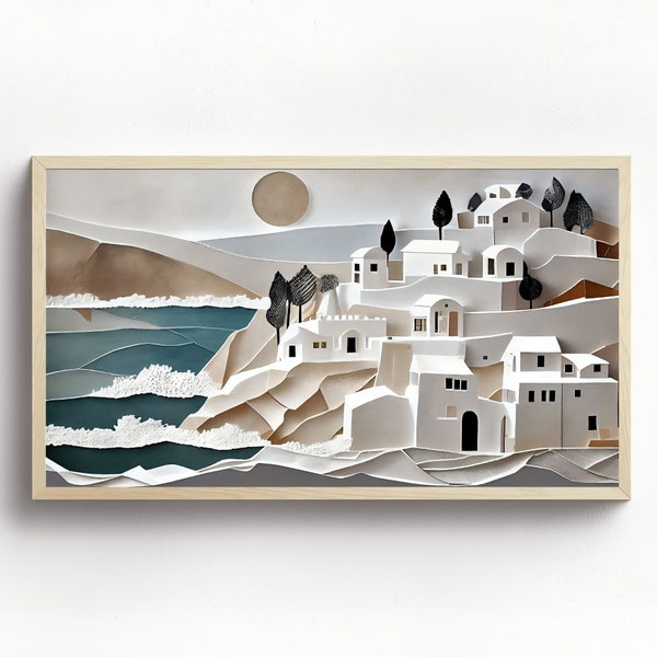 Cadre TV Samsung art mural village blanc méditerranéen art pour cadre tv art minimaliste art mural pour cadre tv samsung décor 4 K