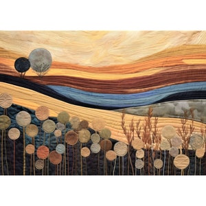 K&ouml;nnte beinhalten: Ein gequiltetes Wandbild, das eine Landschaft mit einem blauen Fluss, sanften H&uuml;geln und einem Feld mit braunen und beigefarbenen Kreisen auf Stielen darstellt. Der Himmel ist hellgelb mit zwei kleinen B&auml;umen in der Ferne.