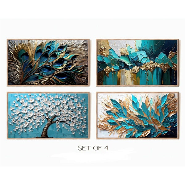 Samsung Frame TV Art, Set of 4 abstract turquoise gold thick oil ,impasto floral acrylic, Frame TV Art, Samsung Art TV, Digital Download