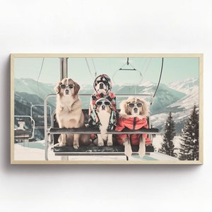 May include: Four dogs wearing sunglasses and winter clothing ride a ski lift up a snowy mountain. The dogs are all looking at the camera.