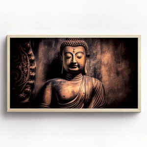 May include: A close-up of a dark brown statue of Buddha sitting in meditation. The statue is carved with intricate details and has a serene expression.