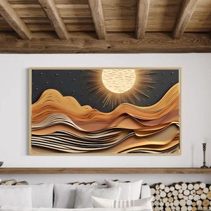 May include: A digital art print featuring a layered paper design of a sun and mountains in shades of brown, gold, and black.