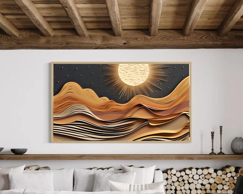 May include: A digital art print featuring a layered paper design of a sun and mountains in shades of brown, gold, and black.
