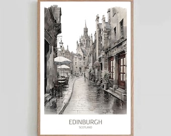 May include: A watercolor painting of a narrow street in Edinburgh, Scotland. The street is lined with old buildings and has a cobblestone surface. There are umbrellas and tables set up outside a cafe on the left side of the street.