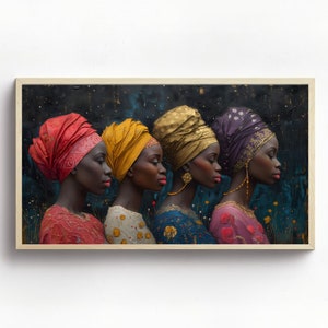May include: Four women with dark skin are wearing colorful head wraps and traditional clothing. They are standing side by side, looking to the right. The background is a dark blue with gold flecks.