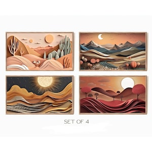May include: Set of four abstract landscape art prints in a paper cut style. The prints feature different colour palettes and scenes, including a desert landscape with cacti, a mountain range with a river, a starry night sky with a sun, and a sunset scene with rolling hills.