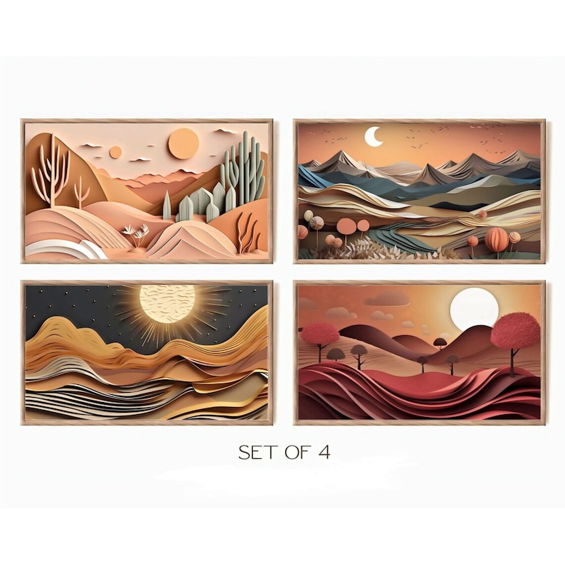 May include: Set of four abstract landscape art prints in a paper cut style. The prints feature different colour palettes and scenes, including a desert landscape with cacti, a mountain range with a river, a starry night sky with a sun, and a sunset scene with rolling hills.