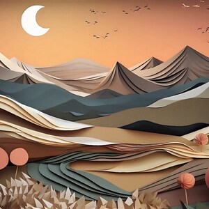 May include: A papercraft landscape featuring layered mountains, a crescent moon, and a valley with trees. The mountains are shades of brown, blue, and green. The valley is a light brown with a winding river. The trees are a light pink and have a round, textured shape.