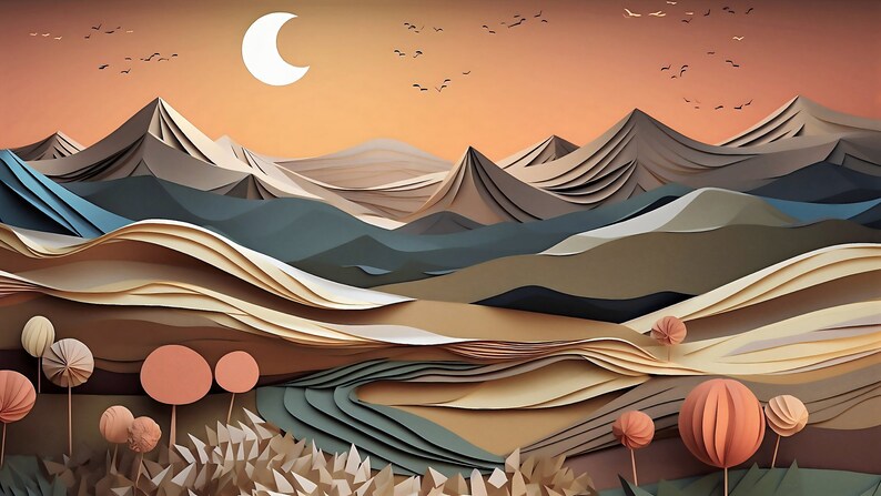 May include: A papercraft landscape featuring layered mountains, a crescent moon, and a valley with trees. The mountains are shades of brown, blue, and green. The valley is a light brown with a winding river. The trees are a light pink and have a round, textured shape.