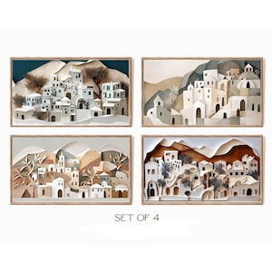 Könnte beinhalten: Set aus vier abstrakten Kunstdrucken mit Papierschnitt-Illustrationen von weißen Gebäuden vor braunen und grünen Hügeln. Die Drucke haben eine moderne und minimalistische Ästhetik.