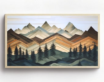 Puede incluir: Una impresión de arte en papel enmarcada que representa una cordillera con un diseño geométrico en capas. Las montañas son de tonos marrones, beige y azules, con un bosque de árboles verde oscuro en primer plano.