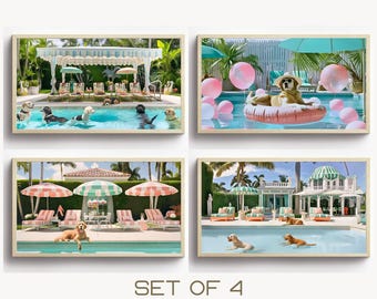May include: Set of 4 framed prints featuring dogs enjoying a luxurious pool setting. Each print showcases dogs swimming, lounging on floats, and relaxing by the pool, surrounded by umbrellas, lounge chairs, and tropical foliage. The prints have a light wood frame.